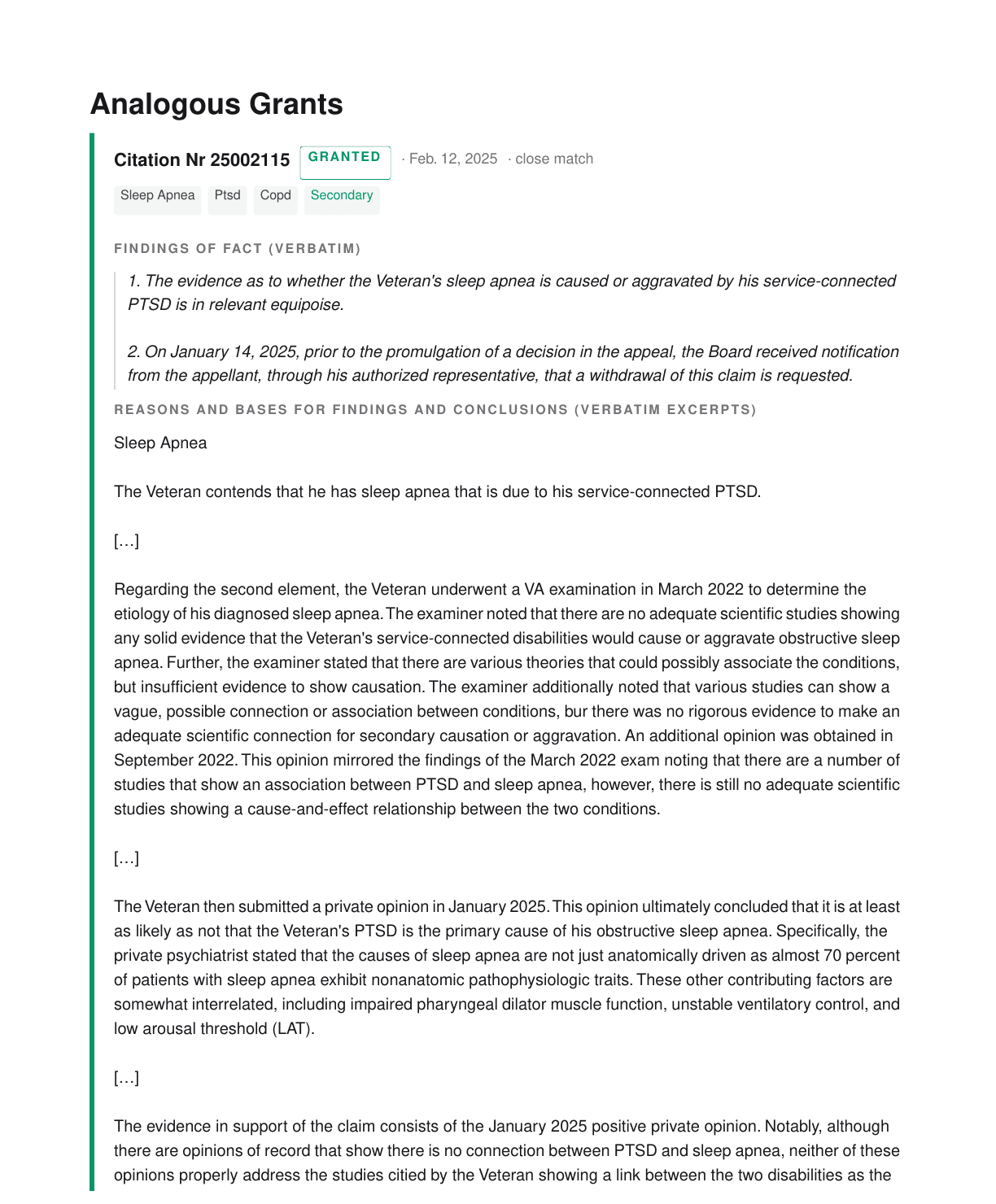 The first decision card of the sample brief: the Board citation number, a GRANTED badge, the decision date, condition tags, the Findings of Fact quoted verbatim, and the Reasons and Bases excerpts beneath.