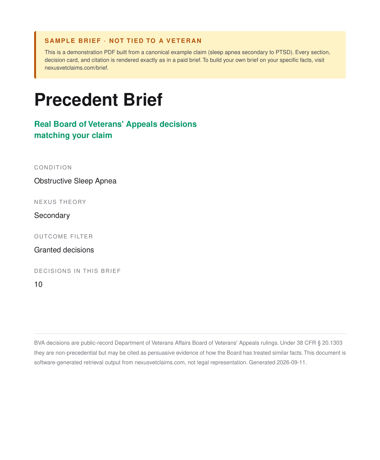 Cover page of the sample Precedent Brief, listing the condition, the nexus theory, the outcome filter and how many decisions the brief holds.
